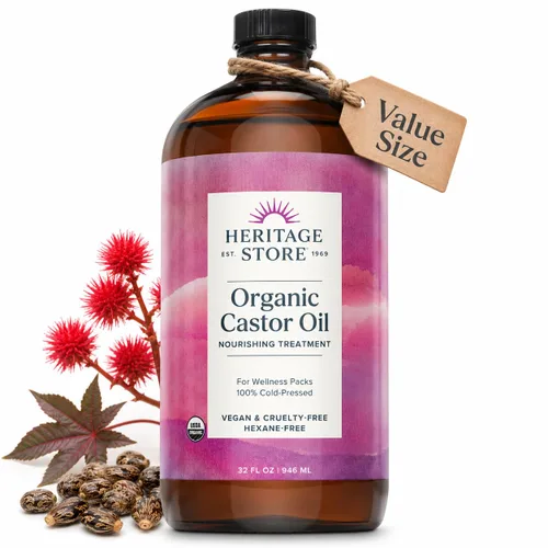 HERITAGE STORE Aceite de ricino orgánico, botella de vidrio, tratamiento nutritivo para el cabello y la piel, aceite para el cabello, suero de