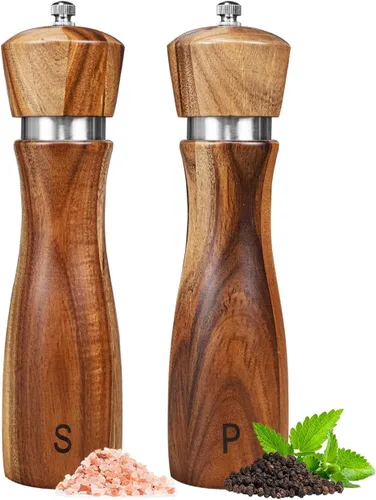 Juego de 2 molinos de sal y pimienta de madera de acacia, juego de molinillo de sal y pimienta de madera, salero y pimentero, vajilla para regalos