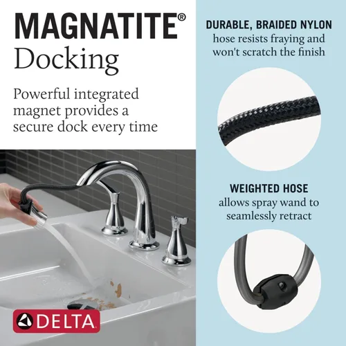 Miniatura 4 de Delta Broadmoor - Grifo de baño cromado con rociador, 8 pulgadas, 3 agujeros, grifo de lavabo de baño extendido con rociador extraíble, drenaje