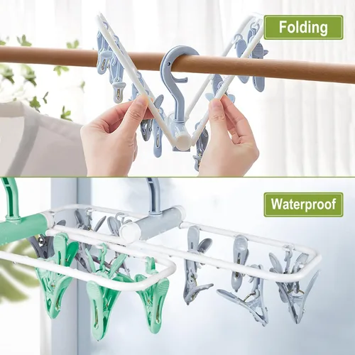 Miniatura 3 de Percha de secado de ropa con 12 clips, paquete de 2 estantes de secado plegables portátiles para colgar, estante plegable de goteo, gancho giratorio