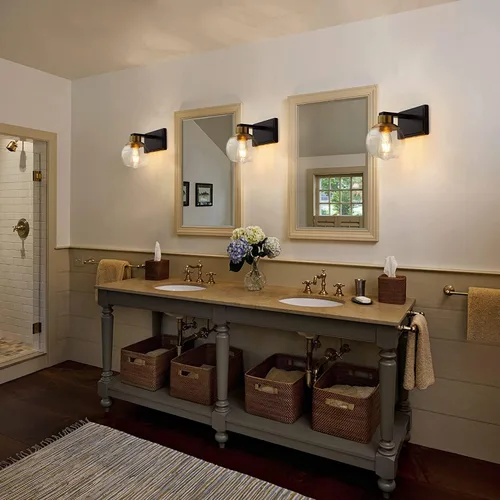 Miniatura 3 de Juego de 2 apliques de baño, apliques de pared negros y dorados juego de dos, luz de tocador de baño con pantalla de vidrio transparente, luminarias