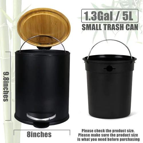 Miniatura 3 de SIDIANBAN Bote de basura pequeño para baño con tapa de bambú, 1.3 galones/5 litros, negro, hierro
