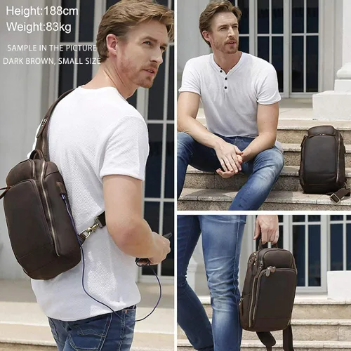 Miniatura 2 de Bolso vintage de cuero genuino de grano completo para hombres, mini pequeño tamaño mediano, con puerto de carga USB, Negro (Small-black), S
