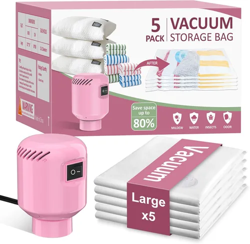 Bolsas de sellado al vacío para ropa de viaje, paquete de 5 bolsas de almacenamiento al vacío para ahorro de espacio con bomba eléctrica, sellador