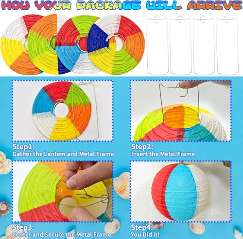 Miniatura 6 de Paquete de 12 linternas de papel de bola de playa de 8 pulgadas, decoraciones de aula de verano y decoración colgante de fiesta en la piscina, Luau