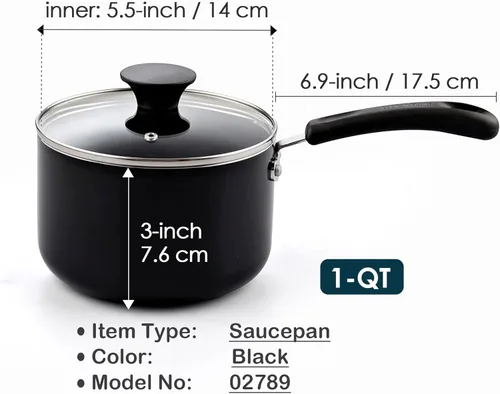 Miniatura 2 de Cook N Home Cacerola Antiadherente con Tapa de Vidrio, Cacerola de 1 Cuarto de Galón Antiadherente Pequeña para Cocinar Leche Olla de Aluminio, Negro