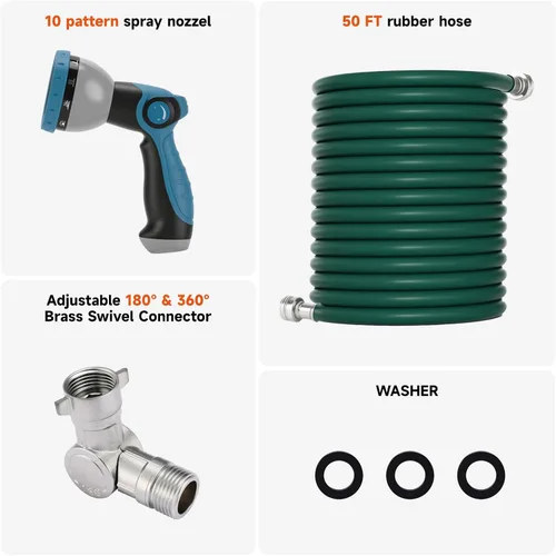 Miniatura 2 de Manguera de aluminio con manguera de jardín de goma de 50 pies, con conector giratorio de latón ajustable de 180° y 360°, con boquilla