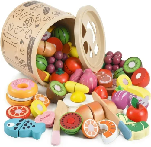 WHOHOLL Juego de 43 piezas de comida de madera para niños, accesorios de cocina con canasta, juguetes de comida de corte de simulación para niños de