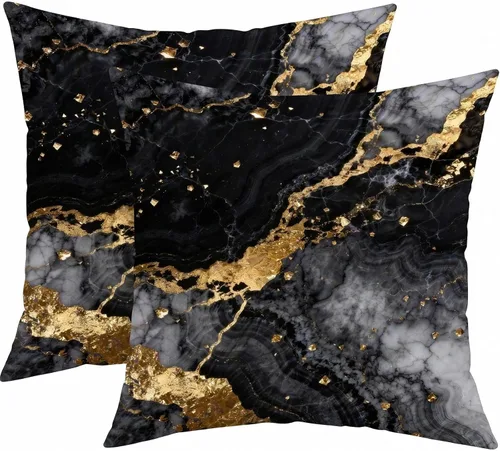 Yobvec Juego de 2 fundas de almohada de 18 x 18 pulgadas, color negro dorado y gris, fundas de cojín decorativas de mármol abstracto, decoración de