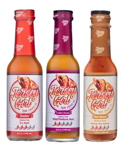 Jersey Girl - Salsa picante de 5 onzas (paquete variado 3, picante, miel, masala india) Set de salsa picante baja en sodio