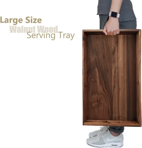 Miniatura 7 de Bandeja otomana rectangular curvada de madera de nogal negro de 22 x 14 pulgadas con asas, sirve té, café, bandeja decorativa de madera clásica