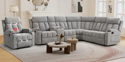 Miniatura 19 de CANMOV Juego de sofá modular reclinable manual, juegos de muebles de tela en forma de L, sofá esquinero modular reclinable y silla reclinable