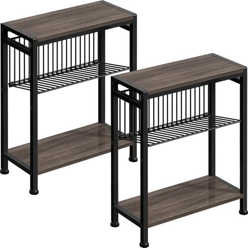 Miniatura 10 de Mesa auxiliar pequeña para espacios pequeños, mesa auxiliar estrecha de 3 niveles con portarevistas, mesita de noche delgada, mesa delgada para Gris