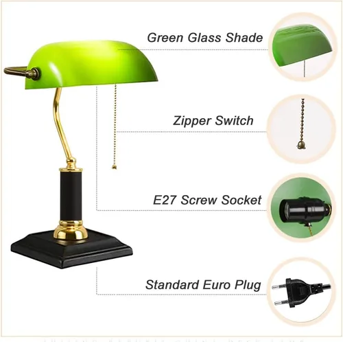 Miniatura 2 de Lámpara de mesa retro con pantalla de cristal verde ajustable, interruptor de cadena, escritorio, E27, mesita de noche para dormitorio, biblioteca