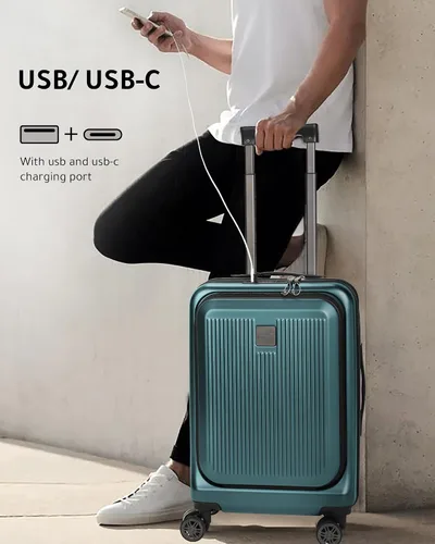Miniatura 2 de LUGGEX Equipaje de mano de 20 pulgadas con compartimento de bolsillo, maleta de policarbonato con puerto USB, equipaje de viaje sin complicaciones