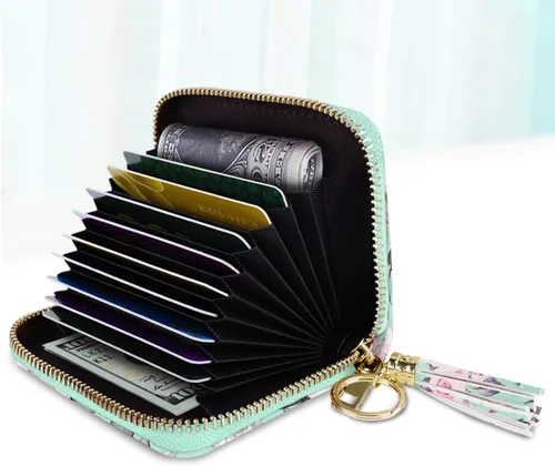 Miniatura 2 de Coco Rossi Billetera pequeña para tarjetas de crédito RFID con purpurina linda para mujer, C Flores verdes