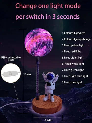 Miniatura 5 de WLHONG Lámpara de luna para niños, luces Space Buddy con luz nocturna de astronauta de 7 colores, alimentada por USB y control de botón, lámpara