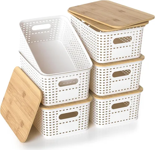 Miniatura 9 de Cestas de almacenamiento de plástico con tapas de bambú, contenedores pequeños apilables para organización y contenedores para estantes, cajones