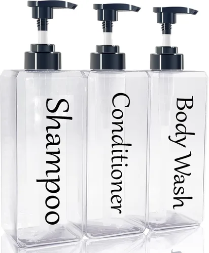 Dispensador de champú y acondicionador (transparente, juego de 3, 27 onzas) - Botellas de champú y acondicionador recargables y vacías, juego de