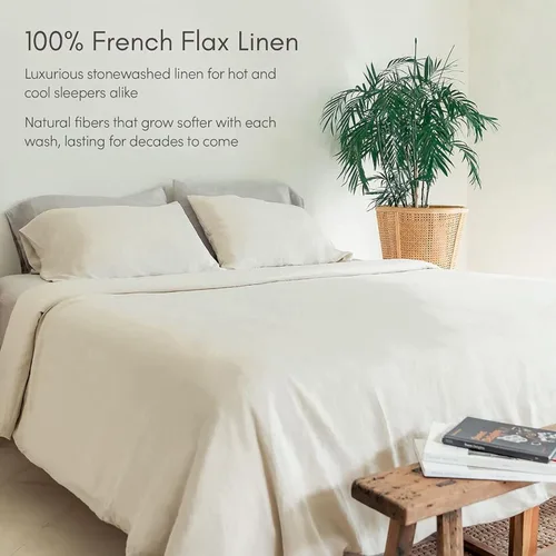 Miniatura 4 de Baloo Sábanas de lino francés puro, juego de sábanas blancas (Queen) - Suave, premium, transpirable, fabricado con fibras naturales libres de Blanco