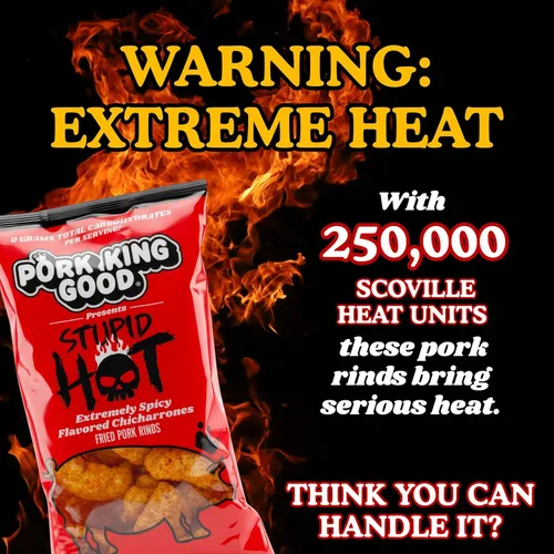 Miniatura 2 de Pork King Good Stupid Hot Pork Chicharrones - Paquete de 4 bocadillos bajos en carbohidratos, aptos para dieta cetogénica, chicharrones