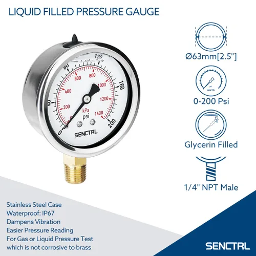 Miniatura 2 de SENCTRL 0-200 Psi Presión de Líquido Llenó de Glicerina, Medidor de Presión con Esfera de 2.5 Pulgadas, Montaje Inferior de 1/4 Pulgada NPT, Caja