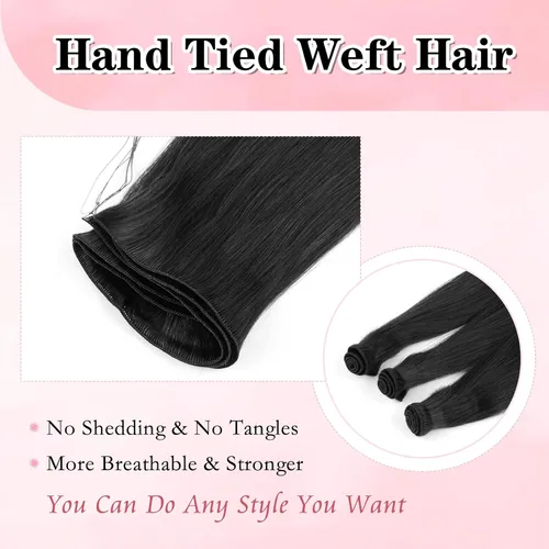 Miniatura 2 de ABH AMAZINGBEAUTY HAIR Extensiones de cabello humano Remy real para coser, atadas a mano, color negro azabache de 18 pulgadas, para mujer, 1.76 onzas
