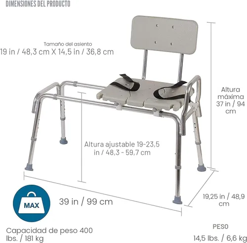 Miniatura 3 de DMI Banco de transferencia de bañera y silla de ducha con cuerpo de aluminio antideslizante, elegible para FSA, altura del asiento ajustable