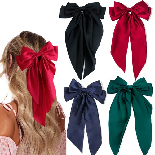 Miniatura 10 de 4 lazos de satén sedoso para el cabello, clip de cinta para el cabello, con lazo grande, clips de metal, pasador francés, cola larga, accesorios