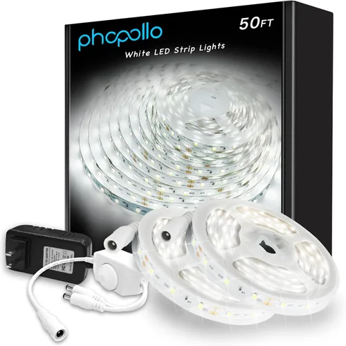 Miniatura 7 de PHOPOLLO Tira de luces LED blancas de 16.4 pies, tira de luces LED regulable de 6500K de luz blanca diurna, 300 LED, luces LED flexibles