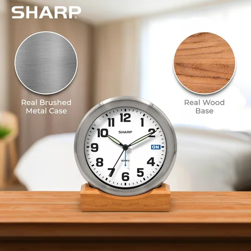 Miniatura 5 de Sharp Silent Sweep - Reloj despertador analógico sin tictac, escritorio de metal cepillado o reloj de pared con soporte de madera auténtica