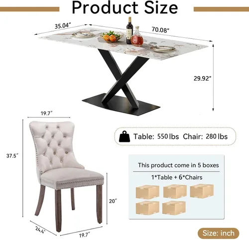 Miniatura 9 de Juego de mesa de comedor de mármol blanco de lujo para 6, 70 pulgadas, mesa de comedor de mármol blanco con 6 sillas de terciopelo beige y base
