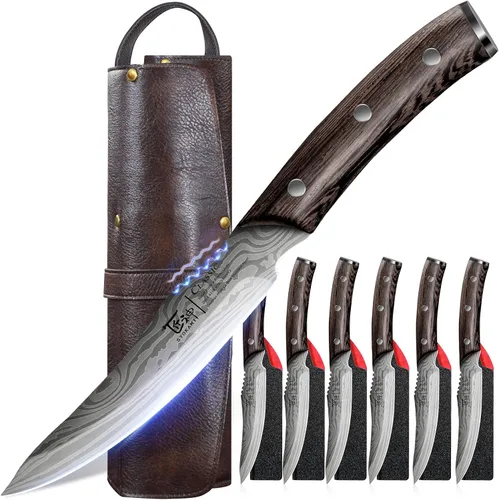 Miniatura 8 de SYOKAMI Juego de 2 cuchillos para carne, 4.8 pulgadas, estilo japonés de alta gama, filo fino con mango de madera, diseño de espiga completa