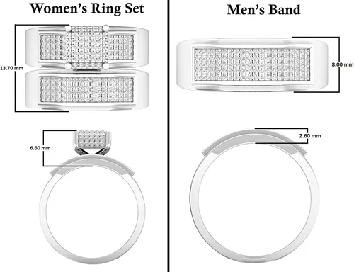 Miniatura 4 de Dazzlingrock Collection 0.65 quilates (ctw) - Conjunto de boda de novia de tres diamantes blancos redondos para hombres y mujeres, color plata