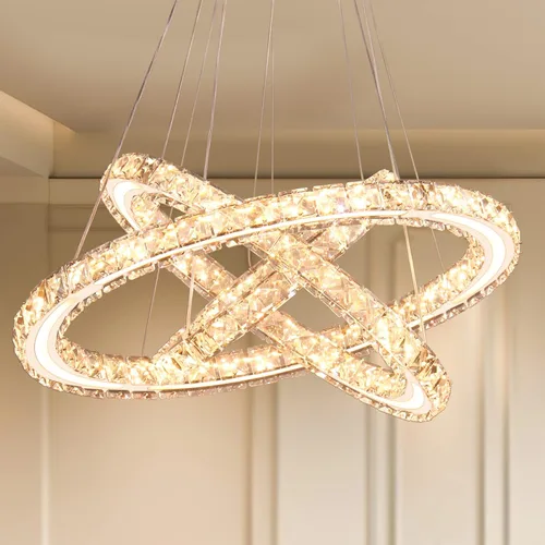 Candelabros LED modernos de cristal, lámpara de techo de tres anillos, luz colgante con acrílico para dormitorio, comedor, pasillo (blanco cálido