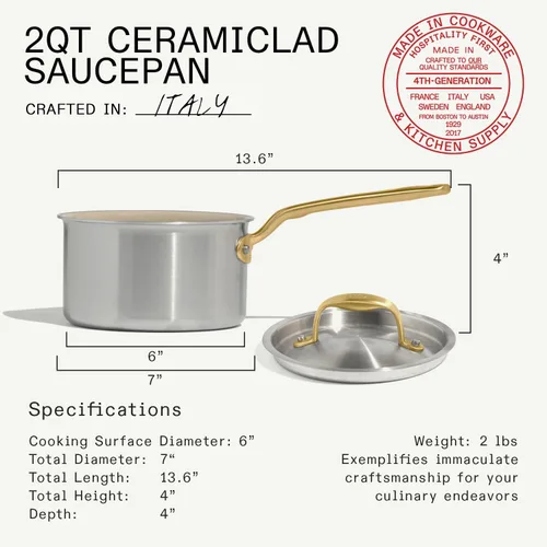 Miniatura 3 de Made In Cookware - 2 QT CeramiClad Non Stick Saucepan with Lid (Antique Brass Handle) - 5-Ply Stainless Clad with Stay-Cool Handle - Professional