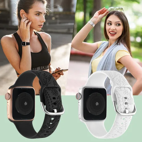 Miniatura 7 de Correa de silicona grabada con flores compatible con correas de Apple Watch de 1.496 pulgadas, 1.575 pulgadas, 1.614 pulgadas, bonita correa Negro