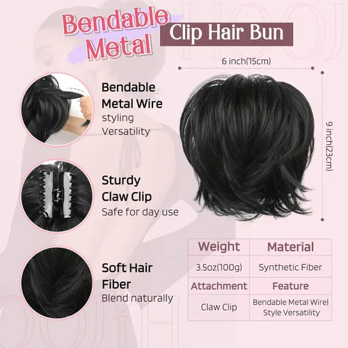 Miniatura 2 de HOOJIH - Pieza de cabello con moño desordenado, clip de garra en moño de cabello liso de 9 pulgadas, extensión de cola de caballo corta con alambre