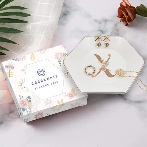 Miniatura 4 de CARAKNOTS Bandeja de joyería, regalos de Navidad, plato con anillo en X con monograma floral dorado, regalos personalizados para mujeres, plato