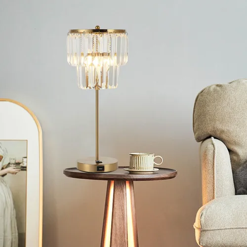 Miniatura 4 de Lámpara de noche para dormitorio, lámpara de mesa de cristal dorado de 18 pulgadas, gotas de cristal transparente Tiffany, puerto de carga USB