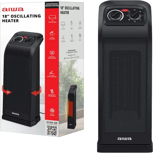 Aiwa Calentador de espacio de cerámica, 1500 W, 18 pulgadas, calentador eléctrico oscilante de 60° para interiores, modos alto/bajo/ventilador,