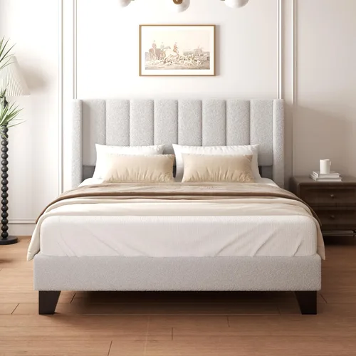 Miniatura 3 de Marco de Cama Queen con Cabecero Tapizado Marco de Cama de Plataforma con Cabecero de Terciopelo Teddy, Soporte de Listones de Madera/Diseño de Gris
