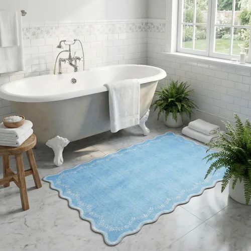 Miniatura 3 de GarveeHome Alfombra de entrada festoneada, 2 x 3, color azul sólido, lavable, alfombra floral para entrada interior, alfombra floral antideslizante