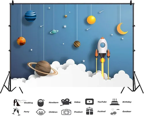 Telón de fondo de astronauta con cohete del espacio exterior de 5 x 3 pies para bebé, niño, universo, galaxia, universo, galaxia, fondo de fiesta de