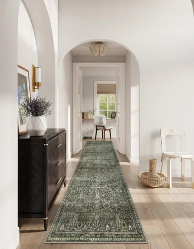 Alfombras Lahome de color verde oscuro para pasillo de 2x10, alfombra lavable resistente a manchas para cocina de 10 pies, alfombra antideslizante