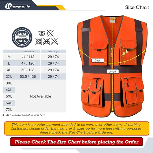 Miniatura 5 de JKSafety Chaleco de seguridad frontal con 10 bolsillos clase 2 de alta visibilidad con tiras reflectantes, cumple con los estándares ANSI/ISEA