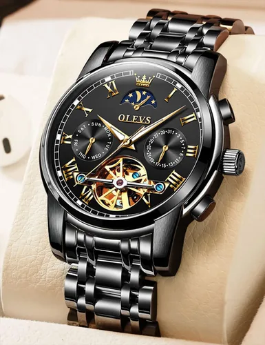 Miniatura 2 de OLEVS Relojes automáticos de cuerda automática para hombre, fecha y día, calendario, relojes de acero inoxidable, movimiento esquelético