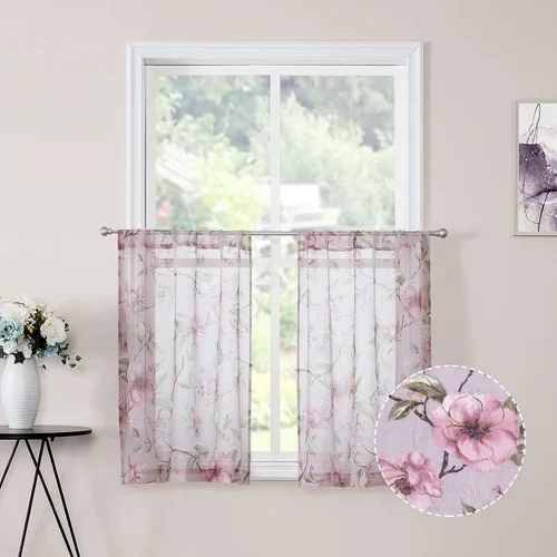 Miniatura 11 de Tollpiz Cortina Corta Transparente de Nivel Beige con Estampado de Hojas y Flores, Bordado Floral, Cortinas de Media Ventana Transparentes