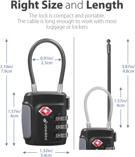 Miniatura 4 de Fosmon TSA - Cerraduras de cable aceptadas para equipaje, (paquete de 2) reconfigurables, fáciles de leer, combinación de 3 dígitos con cuerpo