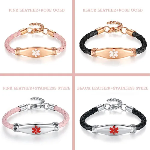 Miniatura 7 de LinnaLove Rose gold Medical Alert Bracelet for Women, Elegant Braided Pink Leather ID Jewelry, Adjustable Extension Fits 6.5"-8" Wrists